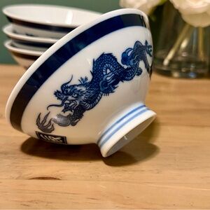 Vintage Japanese Dragon Rice Bowls Set of 4 • Blue & White • Made in Japan